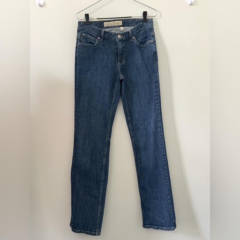Cabela's Navy Blue Denim Jeans with Tan Leather Patch